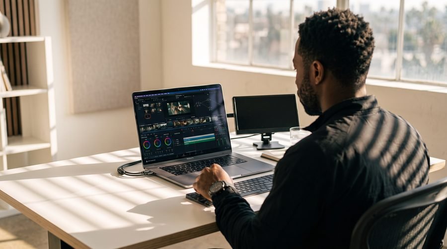 Monteur au travail sur DaVinci Resolve, timeline et roues chromatiques